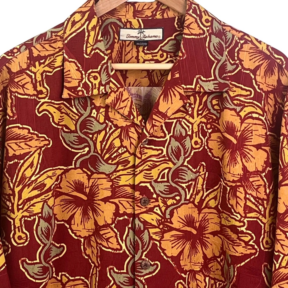 Tommy Bahama SILK Orange Yellow Button Shirt Men's Hawaiian Tropical Large